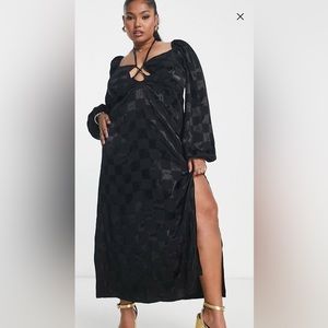 ASOS Design Curve satin checkerboard midi dress with tie neck detail